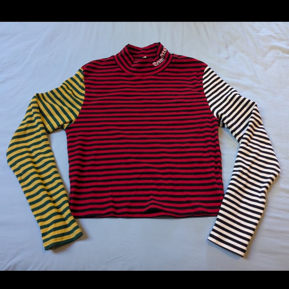 Teddy Fresh Block Color Red and Black Striped Turtleneck